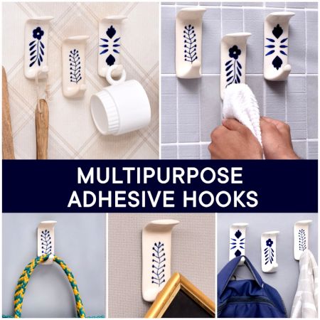 Adorable White Ceramic Blue Floral Adhesive Towel Hook